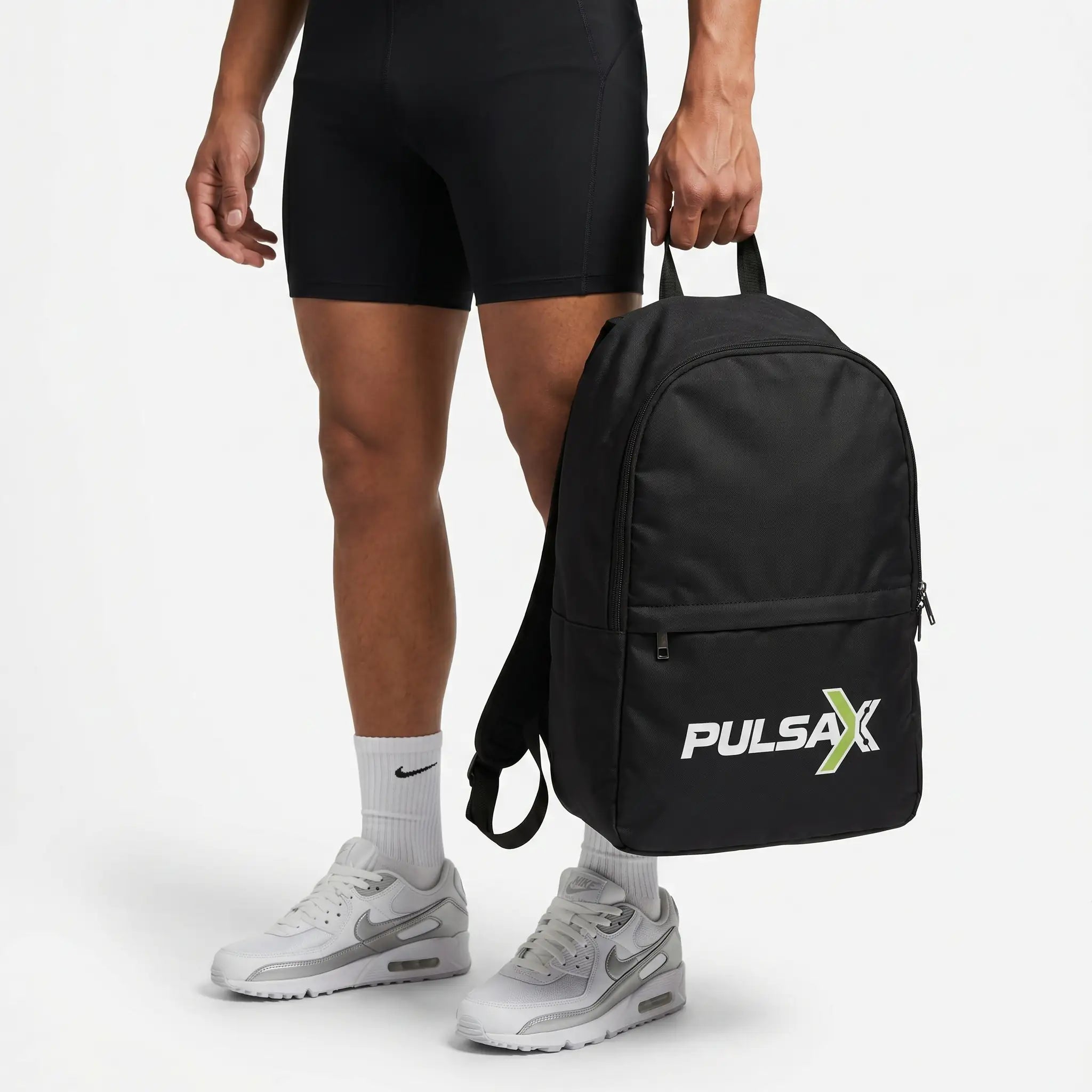 Pulsax black water-resistant nylon backpack with padded mesh back